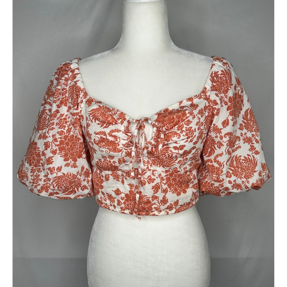 Japna Orange Floral Puff‎ Sleeve Crop Top Smocked Back Cotton Blouse Medium
